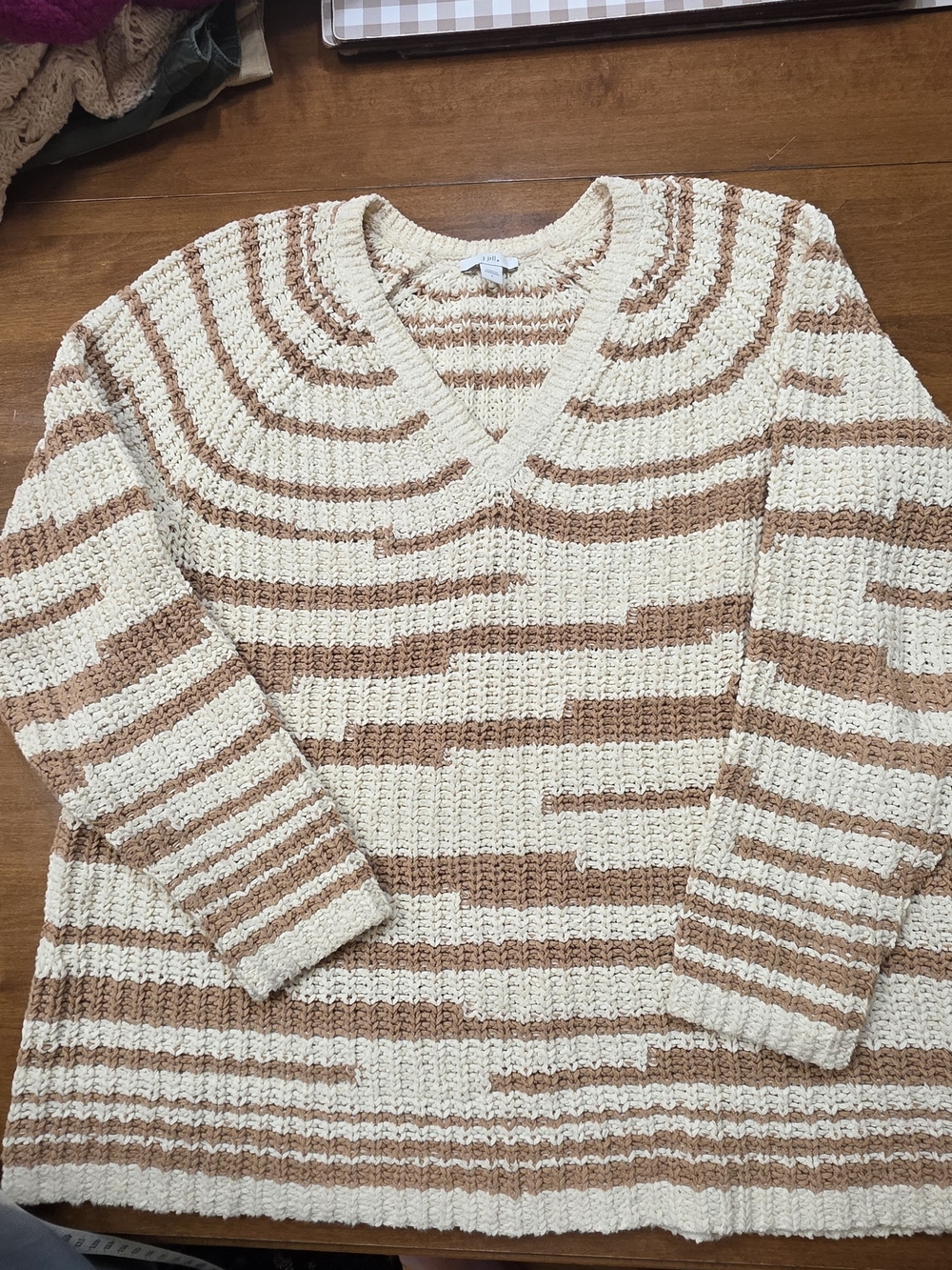 J Jill 100% Cotton Cream and Brown Striped V‑Neck Sweater